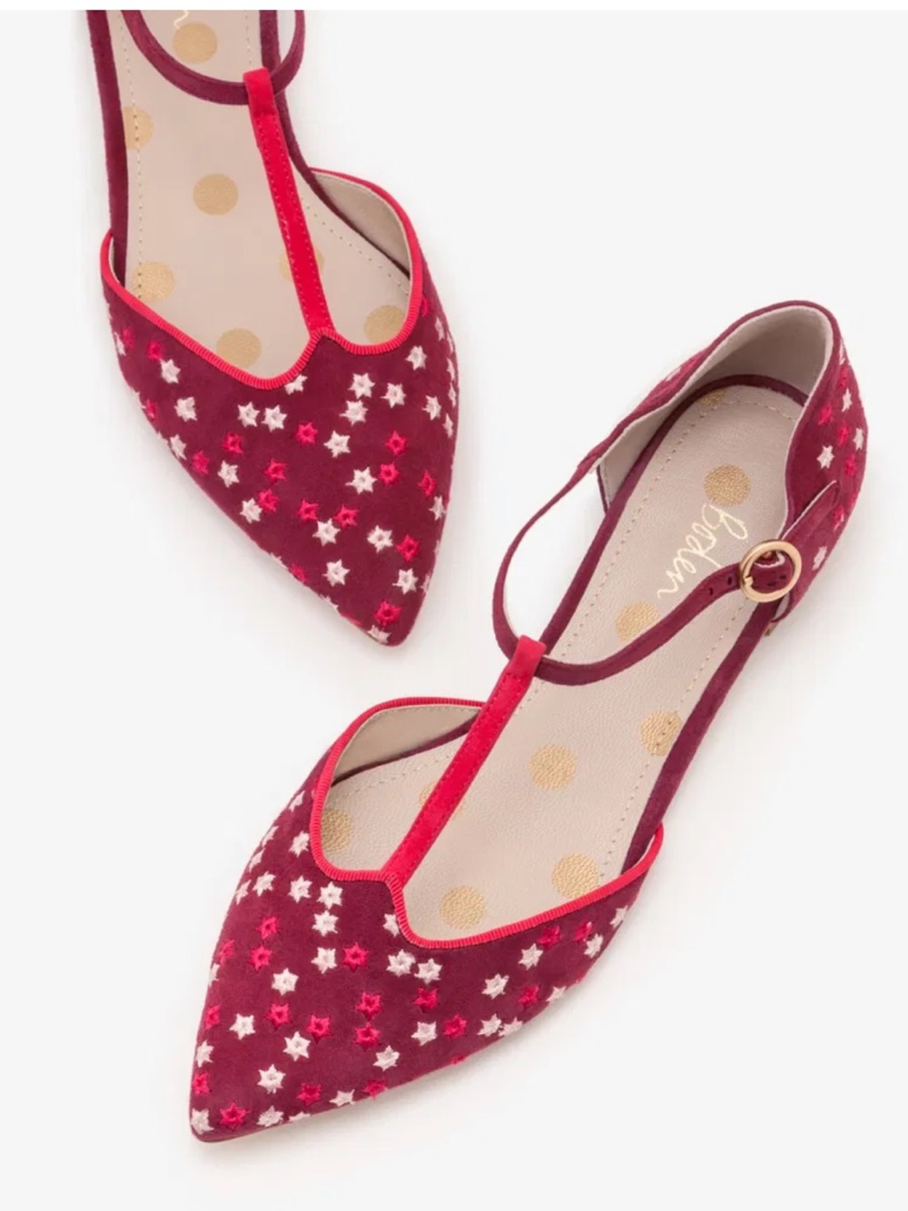 Boden Layla Burgundy and Pink Star-Embroidered T-Bar Flats Size 41